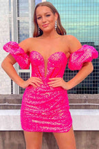 Puff Sleeves Hot Pink Homecoming Dress SYH26 by vivymakudress