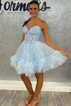 Sweetheart Sheer Corset Ruffle Light Blue Homecoming Dress PD531 by pgmdress