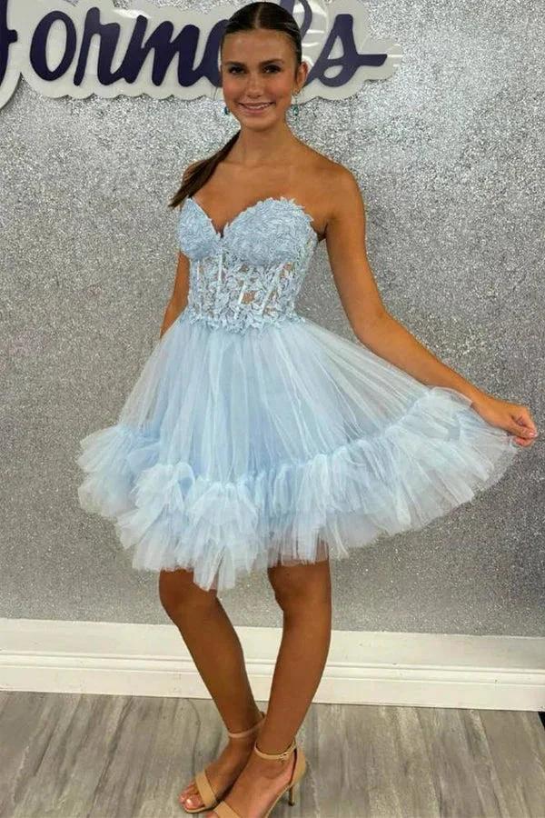Sweetheart Sheer Corset Ruffle Light Blue Homecoming Dress PD531 by pgmdress
