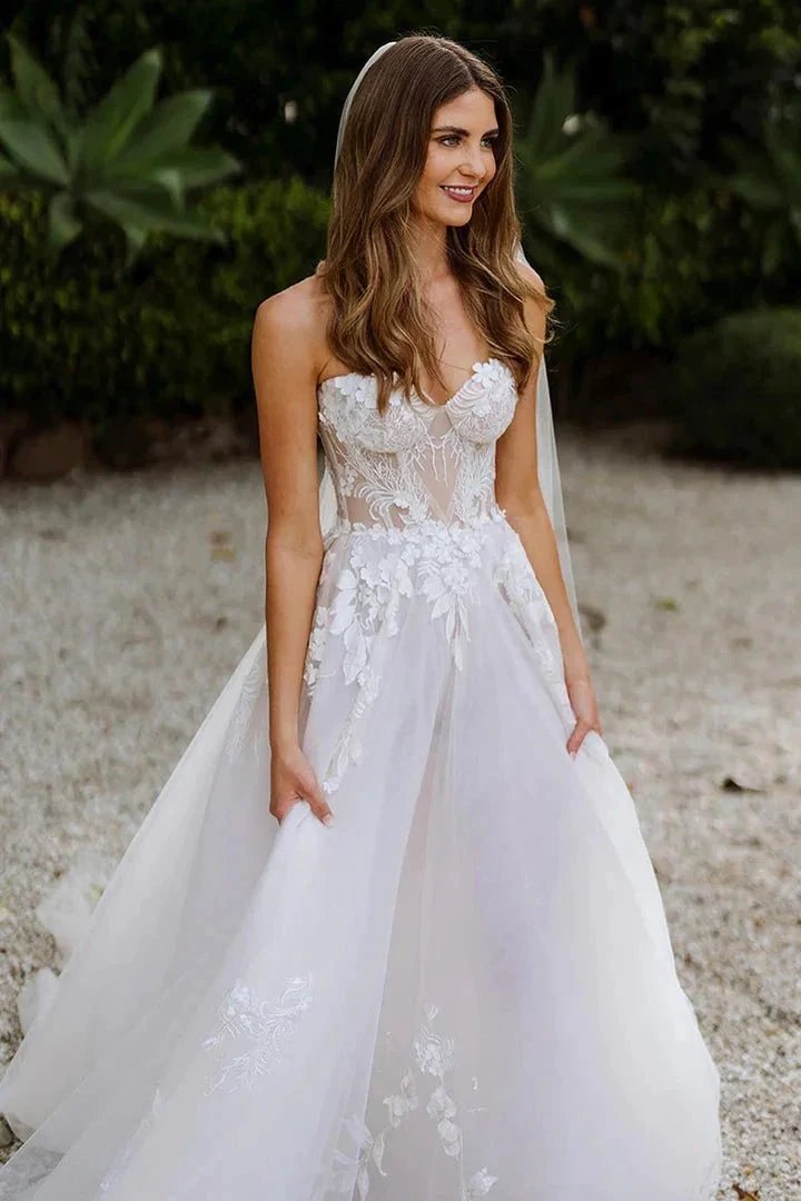 Sweetheart Sleeveless Appliques Lace Boho Wedding Dress Bridal Gown WD660 by pgmdress