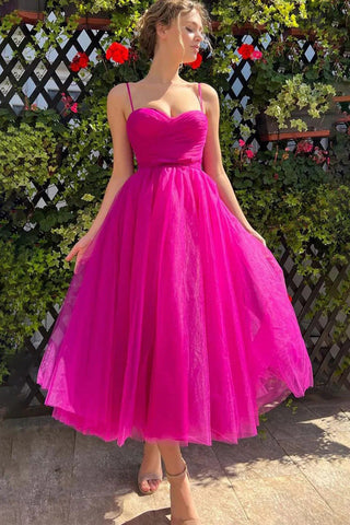 Vestido de fiesta rosa intenso, largo hasta la rodilla, escote corazón, vestido de fiesta sencillo PSK565