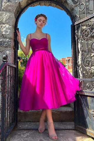 Vestido de fiesta rosa intenso, largo hasta la rodilla, escote corazón, vestido de fiesta sencillo PSK565