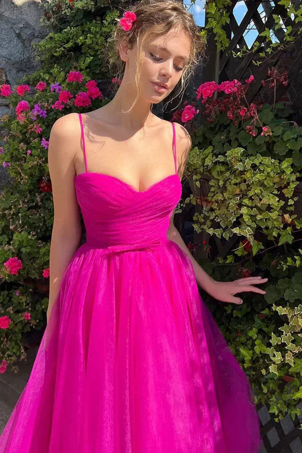 Sweetheart Tea Length Hot Pink Prom Dress Simple Prom Dress PSK565