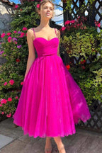 Sweetheart Tea Length Hot Pink Prom Dress Simple Prom Dress PSK565 by pgmdress