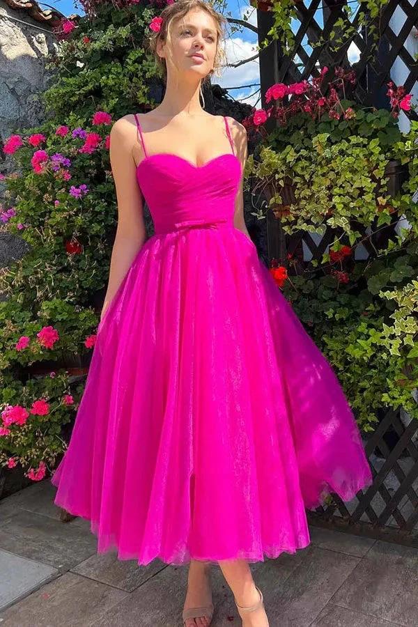 Sweetheart Tea Length Hot Pink Prom Dress Simple Prom Dress PSK565 by pgmdress
