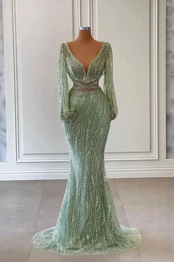 Light Green Long Sleeves V-Neck Mermaid Evening Dress With Sequins Beads Y6659 by simplepromdress