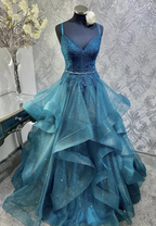Shiny Blue V-neck Tulle Appliques Sequins Long Prom Dress Spaghetti Strap Evening Dress Y8051 by simplepromdress