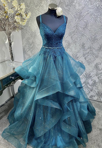 Shiny Blue V-neck Tulle Appliques Sequins Long Prom Dress Spaghetti Strap Evening Dress Y8051