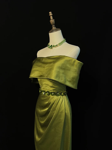 Classy Olive Green Satin Off The Shoulder Slit Prom Dress Slit Mermaid Evening Dress Y8650