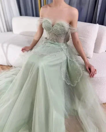 Sage Green A-Line Off The Shoulder Tulle Beaded Evening Dress Formal Prom Dress Y8157 by simplepromdress