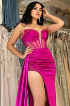 Low V-Neck Strapless Beaded Ruched Satin Sheath Long Evening Dress Y6025 by simplepromdress
