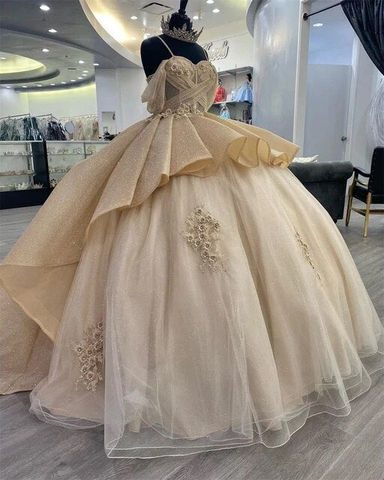 Vestido de quinceañera de princesa con brillantes lentejuelas color champán y elegantes tirantes y apliques, vestido de quinceañera Y4150