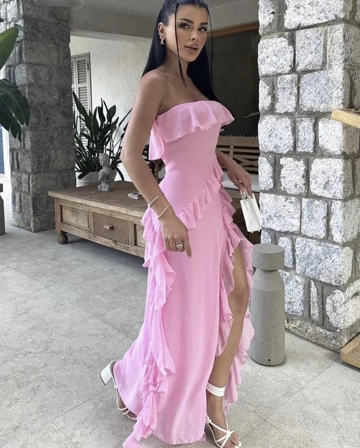 Pretty Pink Strapless Ruffle Slit Evening Dress Long Birthday Prom Dress Y8203 by simplepromdress