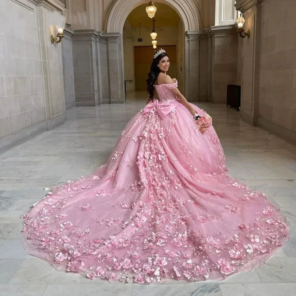 Pink Off Shoulder Ball Gown Quinceanera Dresses 3D Appliques Corset Dress Y6791 by simplepromdress