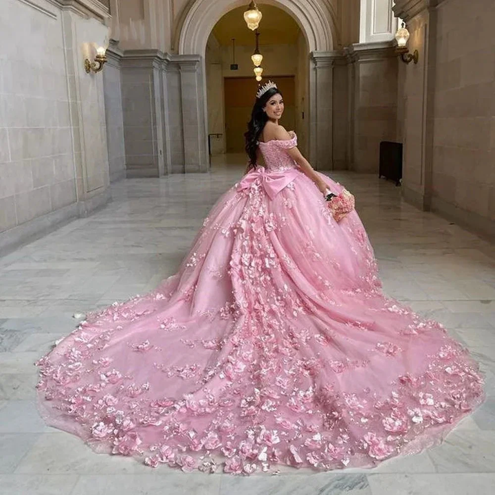 Pink Off Shoulder Ball Gown Quinceanera Dresses 3D Appliques Corset Dress Y6791 by simplepromdress