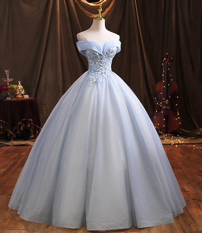 Vestido largo de fiesta con encaje de tul azul Y1293