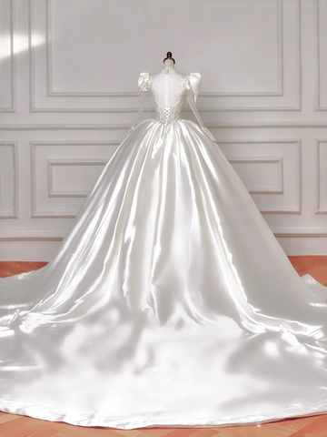 Hermoso vestido de novia de satén blanco con apliques de encaje, corte A, vestido de fiesta formal Y8607