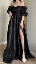 Elegant Black Off The Shoulder Sweetheart A-line Prom Dress With Bubble Sleeves Slit Long Evening Dress Y8283 by simplepromdress