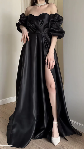 Elegant Black Off The Shoulder Sweetheart A-line Prom Dress With Bubble Sleeves Slit Long Evening Dress Y8283
