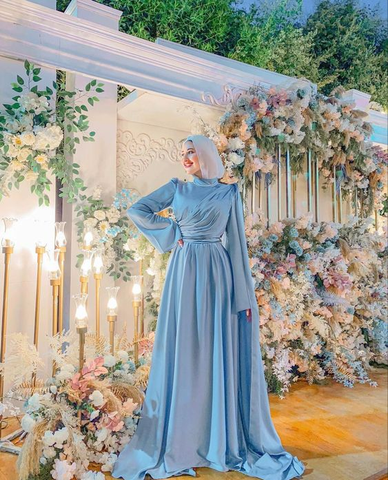 Modest A-line Blue Long Evening Dress Blue Maxi Dress Y6976