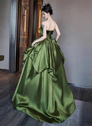 Hermoso vestido de fiesta formal con capas fruncidas, corte A, de satén verde, largo, vestido de noche Y7995