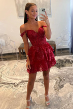 Red Off the Shoulder Sheer Corset Tiered Ruffles Homecoming Dress Y2822 by simplepromdress