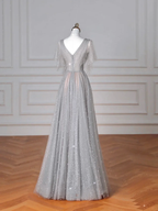Sparkly Gray Tulle Sequins A Line Prom Dress Sexy V Neck Evening Dress Y8638 by simplepromdress