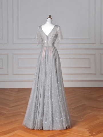 Sparkly Gray Tulle Sequins A Line Prom Dress Sexy V Neck Evening Dress Y8638