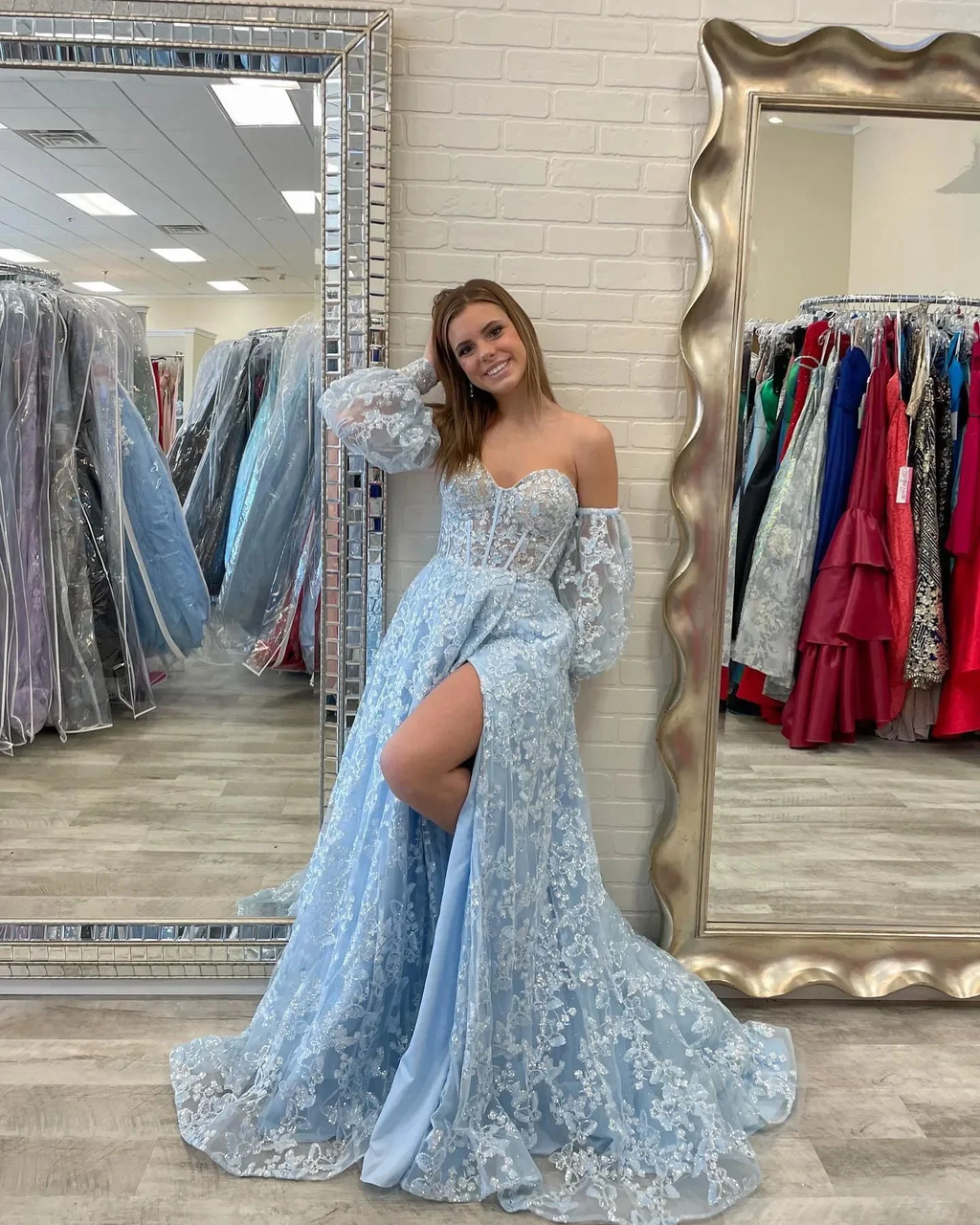 Sparkle Princess Bustier Puff Sleeve Lace Long Prom Dress Detachable Sleeves Evening Dress Y1805 by simplepromdress