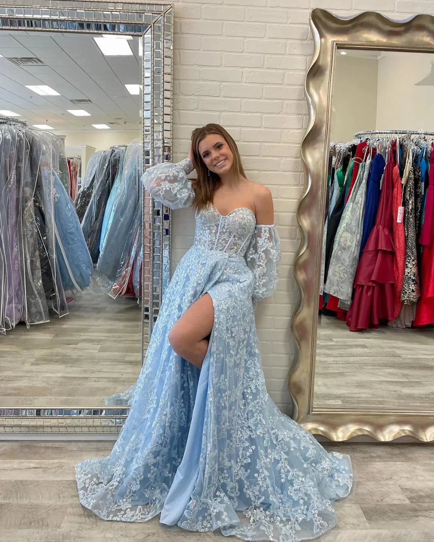Sparkle Princess Bustier Puff Sleeve Lace Long Prom Dress Detachable Sleeves Evening Dress Y1805 by simplepromdress
