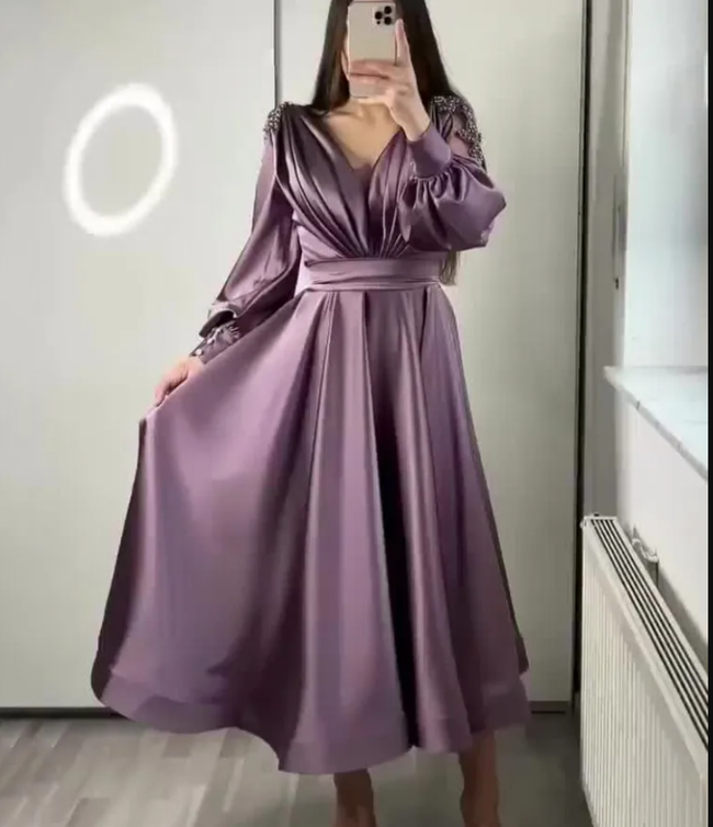 Tea Length Long Puff Sleeve Evening Dress for Wedding Party Beaded Appliques Arabic Short Prom Party Y5018 Main Image