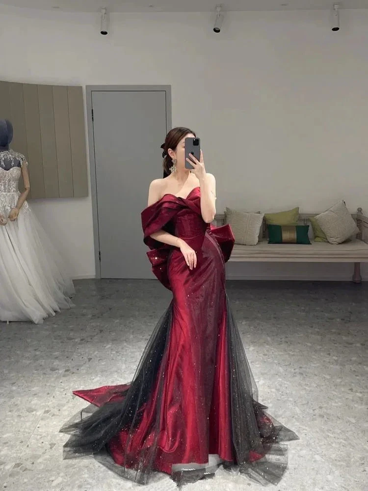 Romantic Off The Shoulder Burgundy Evening Dress Reception Dress Y4416 by simplepromdress