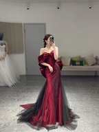 Romantic Off The Shoulder Burgundy Evening Dress Reception Dress Y4416