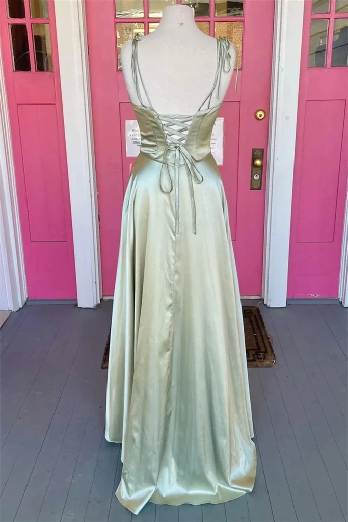 Open Back Sage Satin Long Prom Dress with High Slit, Long Sage Formal Graduation Evening Dress Y207