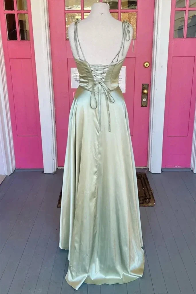 Open Back Sage Satin Long Prom Dress with High Slit, Long Sage Formal Graduation Evening Dress Y207 by simplepromdress