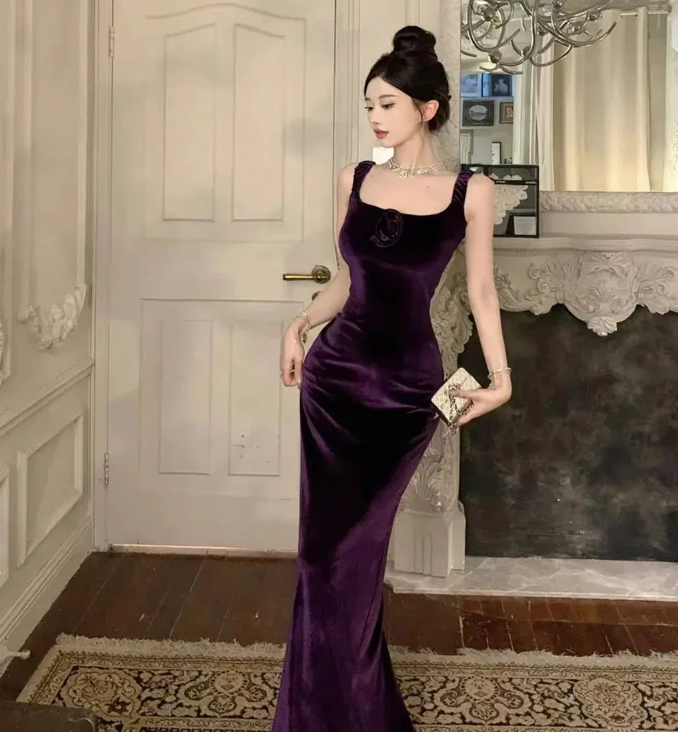 Elegant Velvet Long Sheath Prom Dress Purple Off Shoulder Slit Party Evening Gown Y8131 by simplepromdress