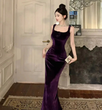 Elegant Velvet Long Sheath Prom Dress Purple Off Shoulder Slit Party Evening Gown Y8131 by simplepromdress