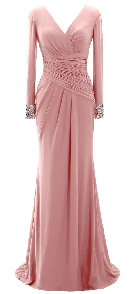 Women Long Mother of Bride Dresses Long Sleeve V Neck Evening Dress Y785 by simplepromdress