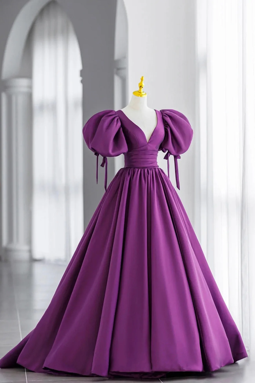 Purple Puff Sleeves Satin Long Prom Dress V-Neck Evening Dress Y856