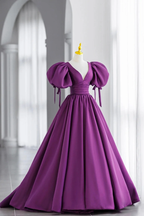 Purple Puff Sleeves Satin Long Prom Dress V-Neck Evening Dress Y856