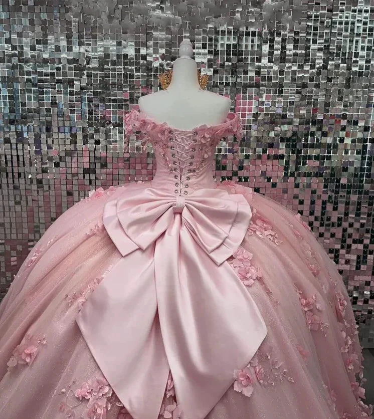 Pink Off Shoulder Ball Gown Quinceanera Dresses 3D Appliques Corset Dress Y6791 by simplepromdress