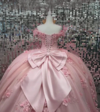 Pink Off Shoulder Ball Gown Quinceanera Dresses 3D Appliques Corset Dress Y6791 by simplepromdress