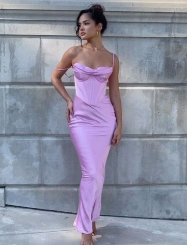 Simple Spaghetti Straps Lavender Satin Evening Dress Sheath Party Prom Dress Y8094