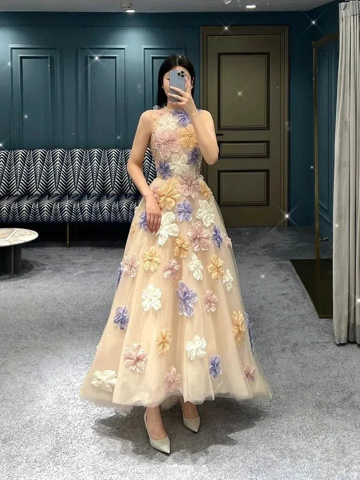 Unique A-line Tulle Prom Dress with Flowers Formal Evening Dress Y2871 by simplepromdress