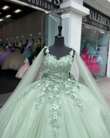 Vestido de fiesta verde salvia con apliques, vestido de quinceañera Y2319