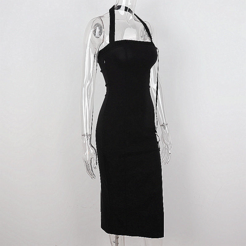 Women's Black Halter Prom Dress With Slit Sexy Black Sleeveless Evening Dress Y1161