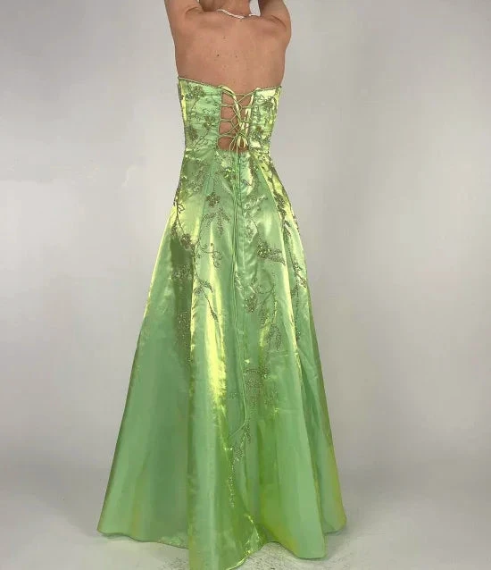 Strapless Green Satin Beaded A Line Prom Dress Evening Dress Y8412 by simplepromdress