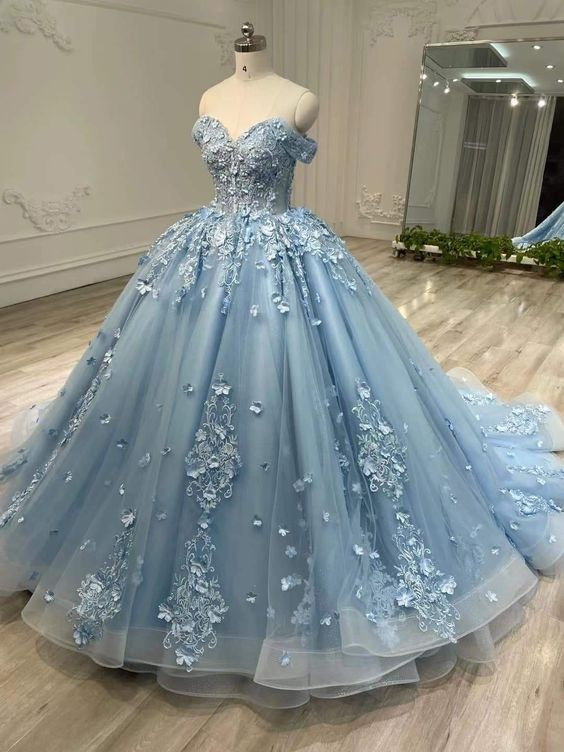 Lace Blue Off the Shoulder Ball Gown for Women Y6764 Hover Image