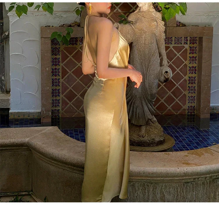 Sexy Halter V Neck Party Dress Champagne Gold Prom Evening Dress Y8211 by simplepromdress