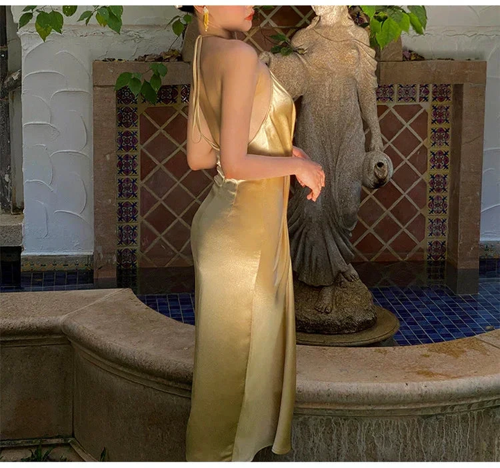 Sexy Halter V Neck Party Dress Champagne Gold Prom Evening Dress Y8211 by simplepromdress